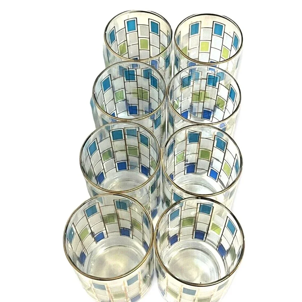 Vintage Mid Century Libbey Juice Cocktail Glasses Nordic Pattern W/Gold Trim
